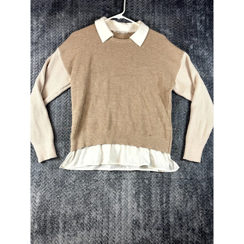 Sioni Milano‎ Layered Look Sweater Womens Medium Tan Cream Ribbed Chunky Knit